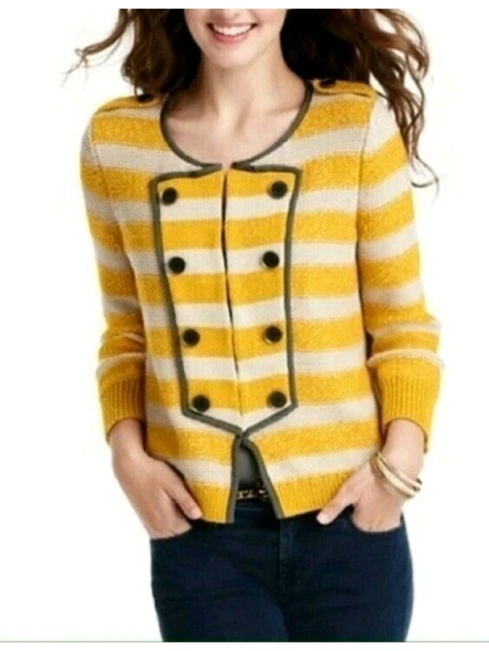 LOFT Large Double Breasted Round Neck Yellow Beige Striped Cardigan Band Sweater - Picture 1 of 5